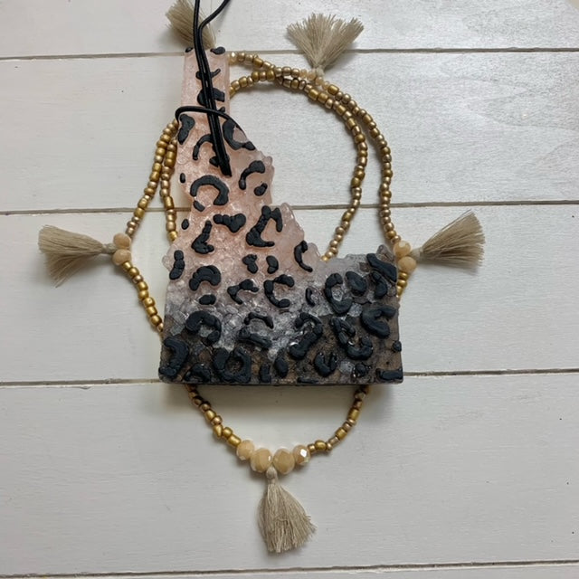 Leopard Idaho Necklace Set | Gold Necklace With Gold Tassels, Large Leopard Idaho | Mahogany Teakwood Scent