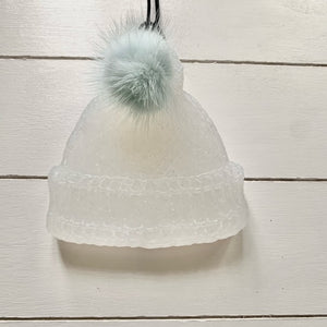 Christmas Beanie | White With Aqua Shimmer & Mint Colored Pom | Sugared Spruce Scent