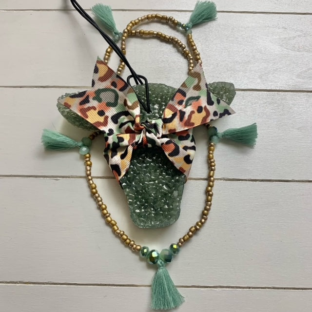 Cowhead Necklace Set | Gold Necklace With Sage Tassels, Large Leopard Ribbon Cowhead | Mahogany Teakwood Scent