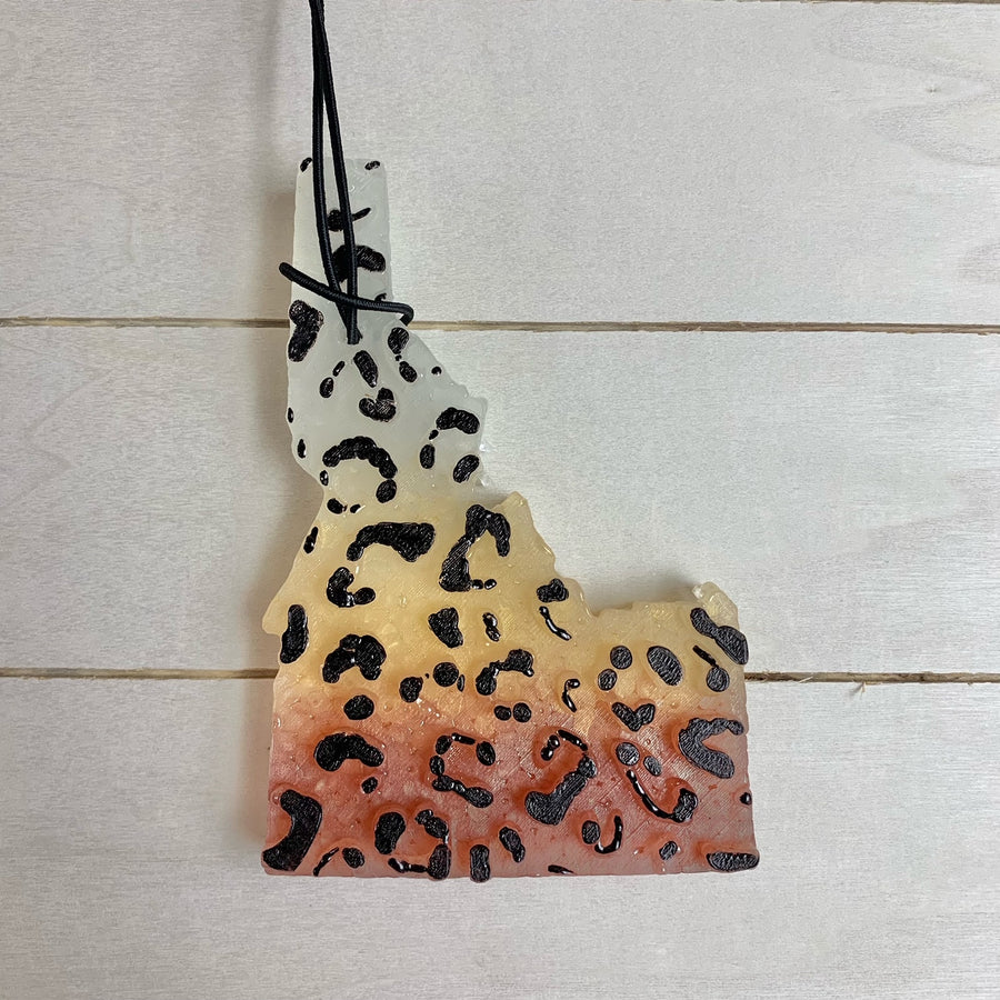 Large Leopard Idaho Car Freshie | Clear, Yellow, Brown Ombre | Wassail Scent
