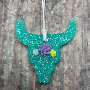 Cow Skull Car Freshie | Bright Teal With Succulents & Twine | Buffalo Plaid Scent
