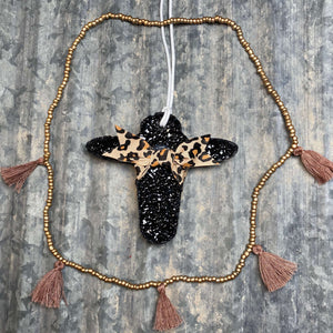 Cow Head Car Freshie | Black With Leopard Bow & Tassel Necklace | Pumpkin Spice Scent