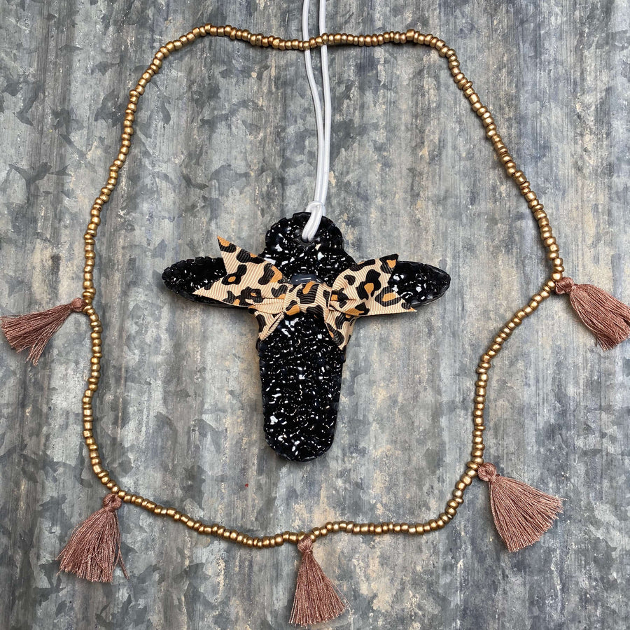 Cow Head Car Freshie | Black With Leopard Bow & Tassel Necklace | Pumpkin Spice Scent
