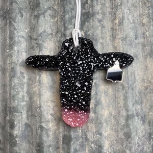 Cow Head Car Freshie | Black With Chrome Ear Tag | Mahogany Teakwood Scent