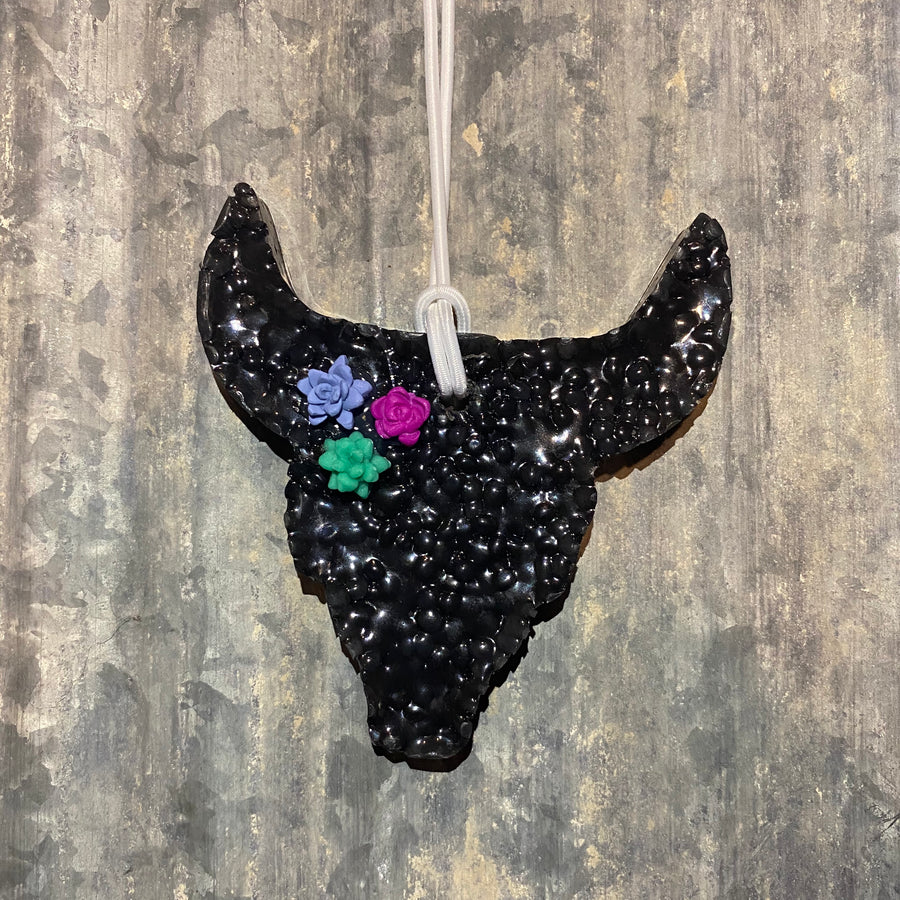 Cow Skull Car Freshie | Black With Succulents | Volcano Scent
