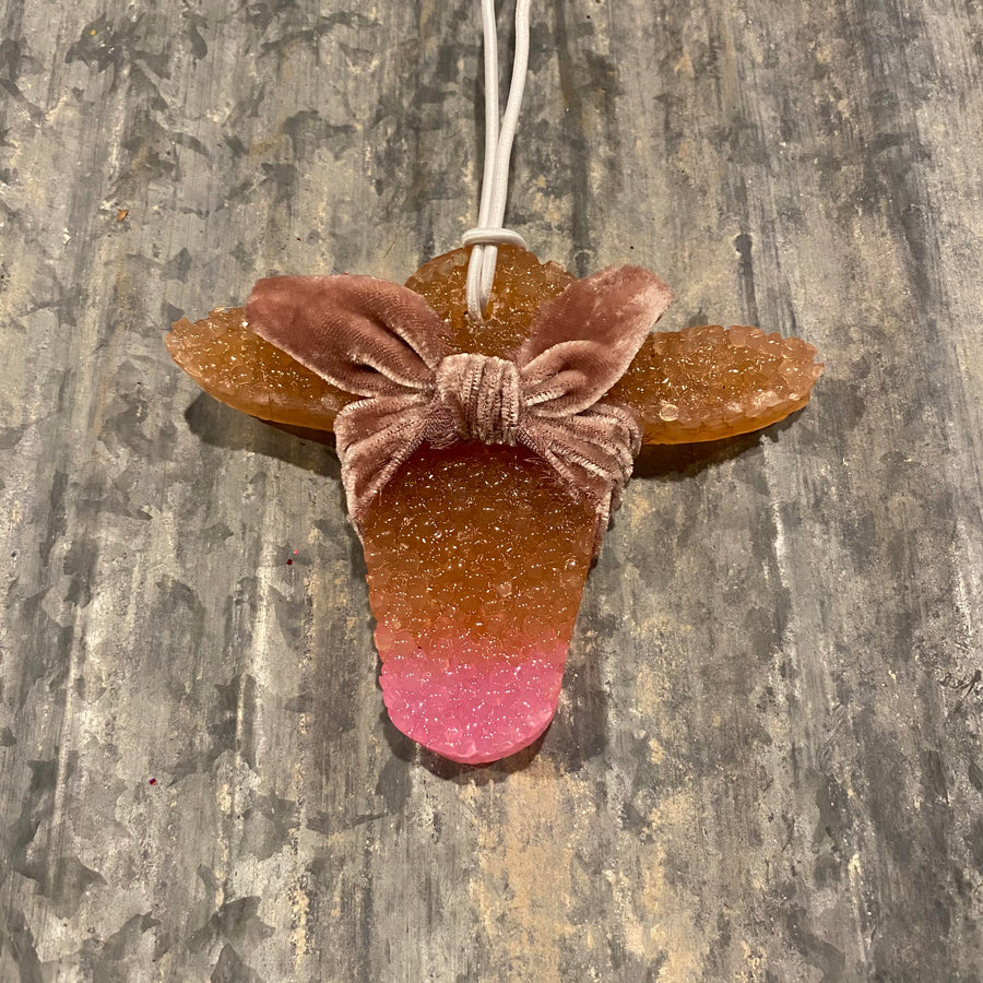 Cow Head Car Freshie | Brown With Pink Nose & Mauve Velvet Bow | Butt Naked Scent
