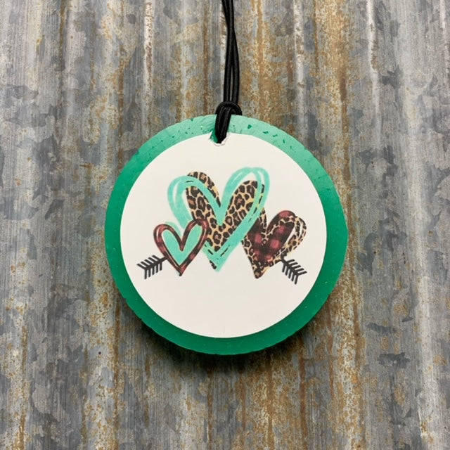 Circle Car Freshie | Green With Leopard Print Hearts Card | Volcano Scent