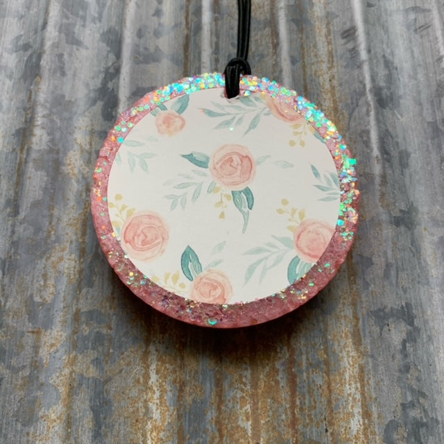 Circle Car Freshie | Pink With Glitter Floral Print Card | Tropical Cowboy Scent