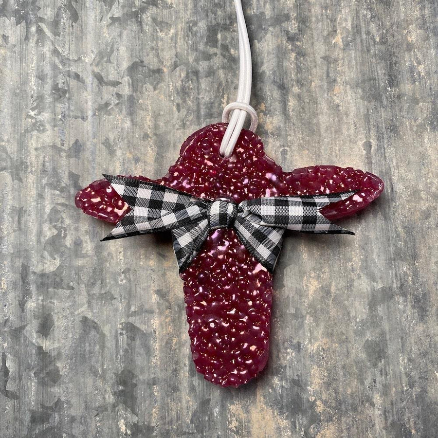 Cow Head Car Freshie | Burgundy With Black Plaid Ribbon | Fall Festival Scent - Rear View Jewels