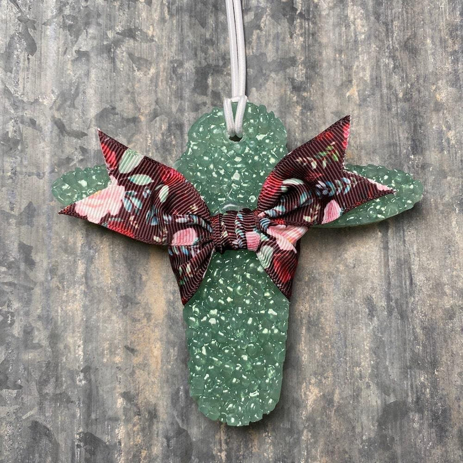 Cow Head Car Freshie | Sage Green With Floral Ribbon | Macintosh Apple Scent - Rear View Jewels
