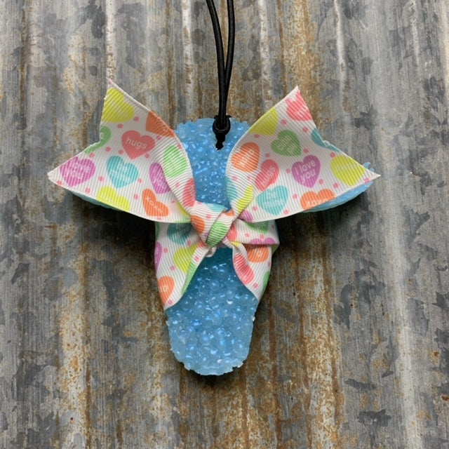 Cow Head Car Freshie | Light Blue With Heart Ribbon | Cotton Candy Scent