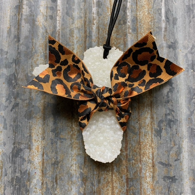Cow Head Car Freshie | White With Foil Leopard Print Ribbon | Good Vibes Scent