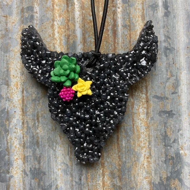Cow Skull Car Freshie | Black With 3 Succulents | Mahogany Teakwood Scent