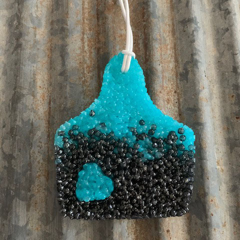 Cow Ear Tag Car Freshie | Turquoise And Gunmetal With Glitter | Cotton Candy Scent