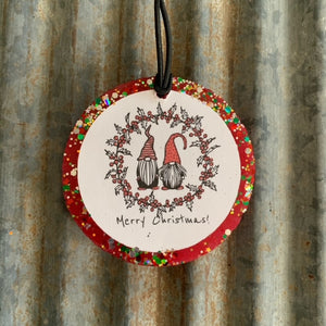 Circle Car Freshie | Red With Glitter & Merry Christmas Gnomes Print | Good Vibes Scent