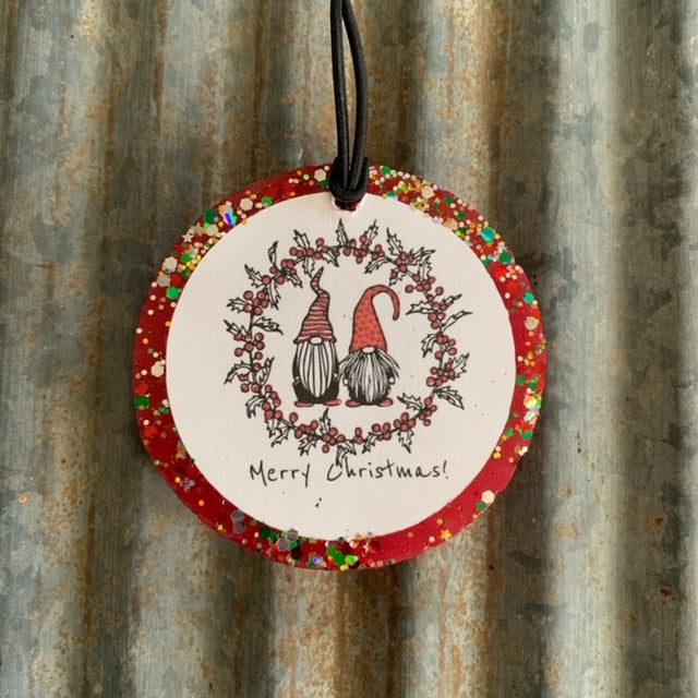 Circle Car Freshie | Red With Glitter & Merry Christmas Gnomes Print | Good Vibes Scent