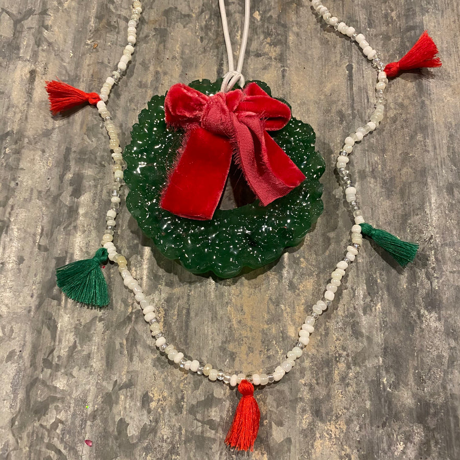 Christmas Wreath Car Freshie | Green With Red Velvet Bow & Tassel Necklace | Gingerbread House Scent