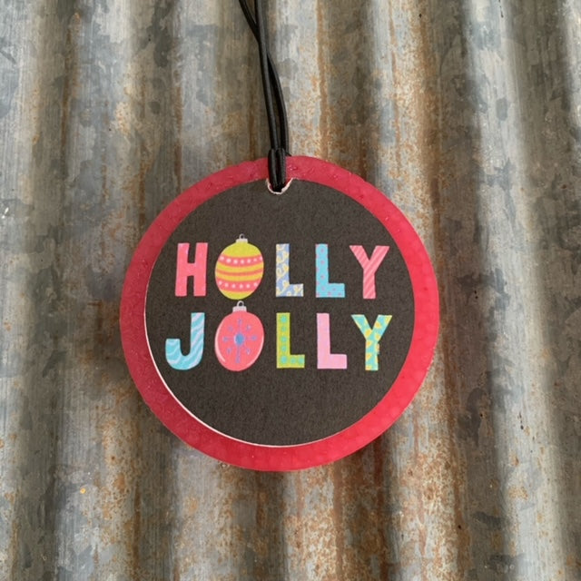 Circle Car Freshie | Red With Holly Jolly Print | Sweet Winterberry Scent