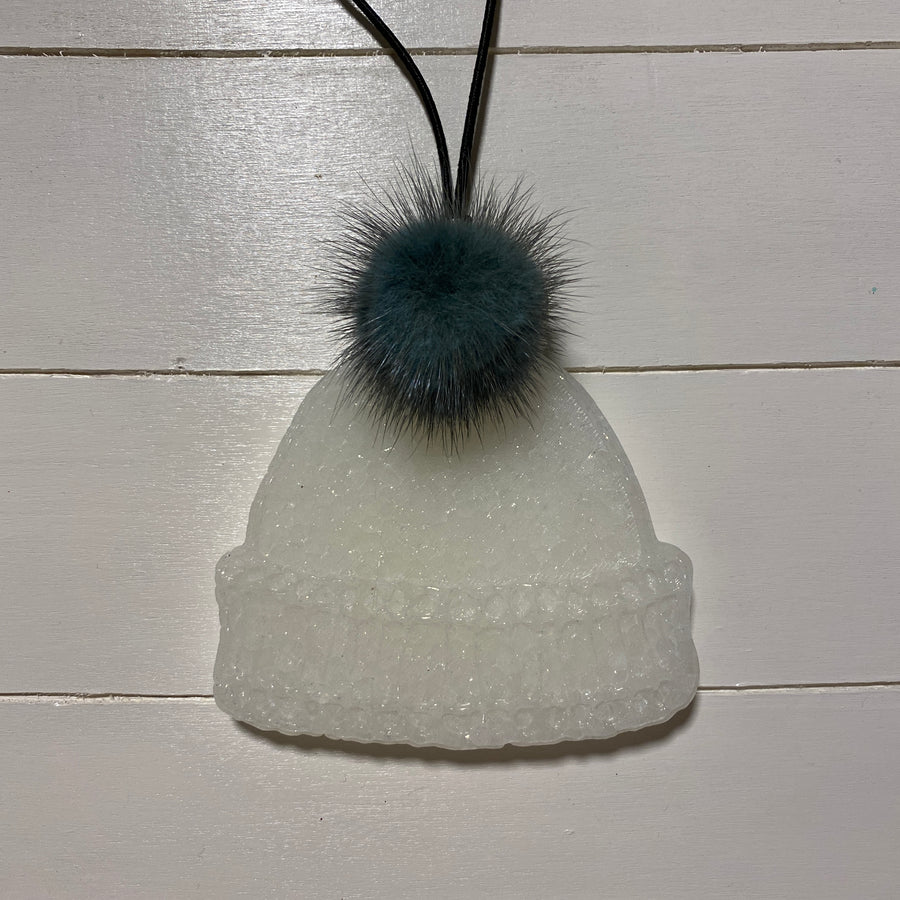 Christmas Beanie | White With Dark Teal Pom | Frost Scent