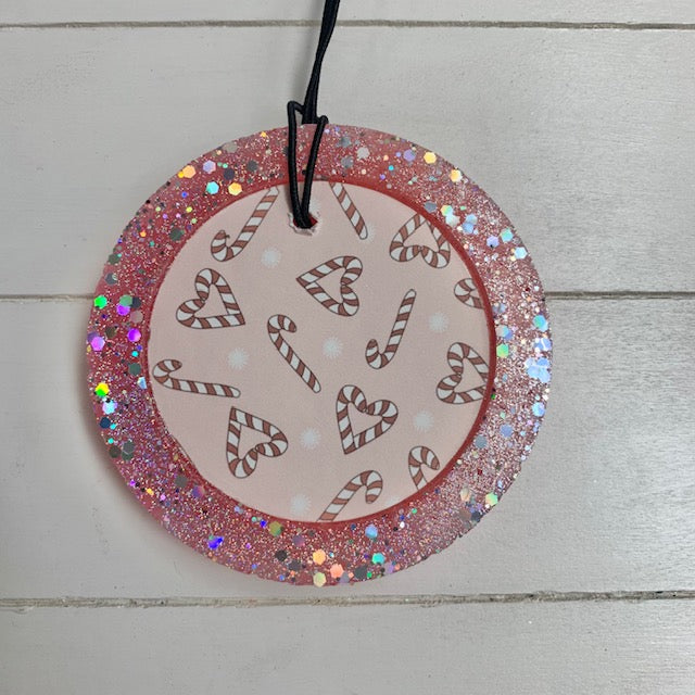 Cardstock Circle Candy Cane Pink Silver Glitter | Winter Candy Apple Scent
