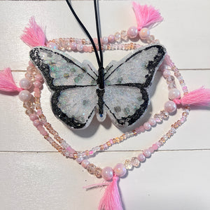 Butterfly | White & Black Speckeled With Glitter | Tassel Necklace Set | Peachy O Scent