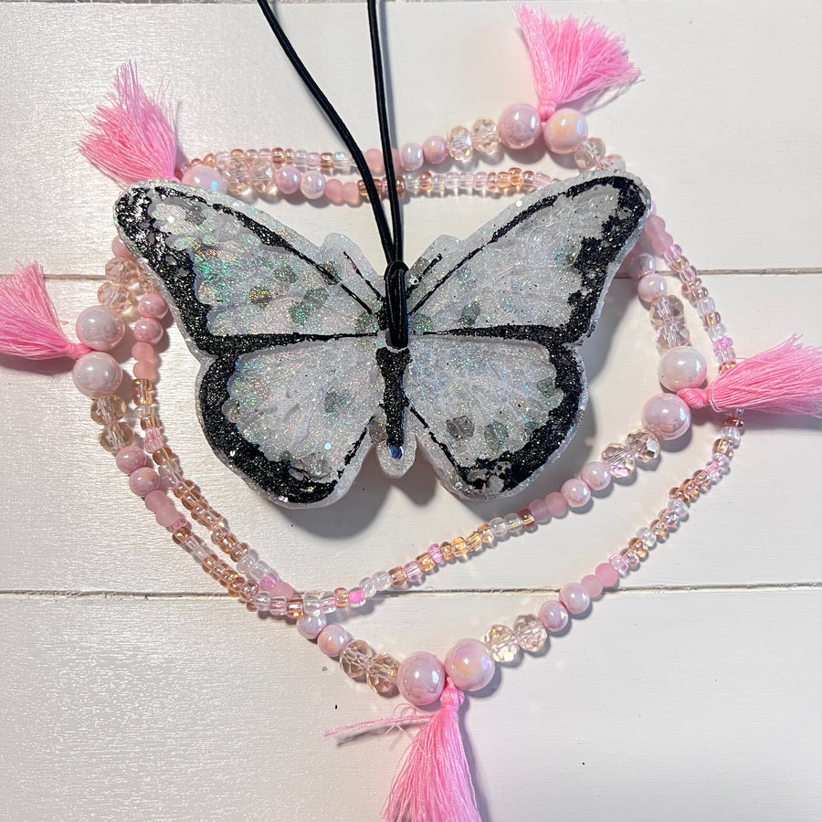Butterfly | White & Black Speckeled With Glitter | Tassel Necklace Set | Peachy O Scent