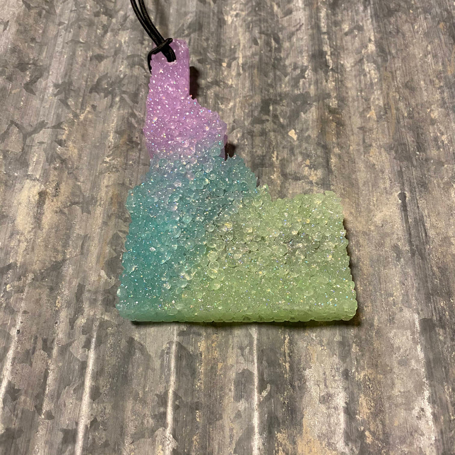 Large Idaho Car Freshie | Purple, Teal, & Green Ombre With Glitter | Black Raspberry Vanilla Scent