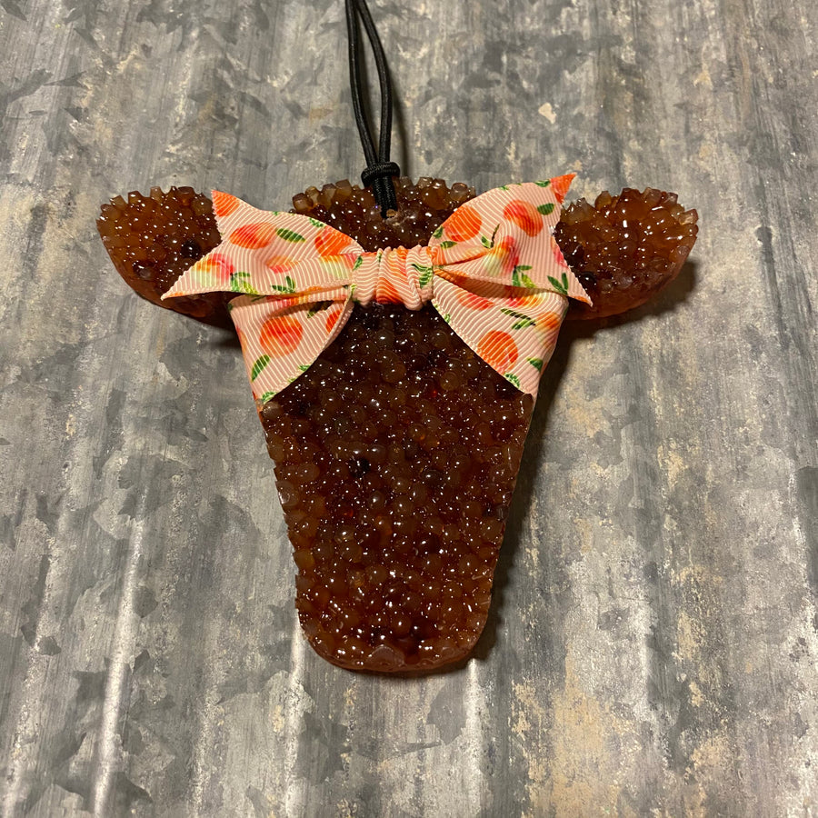 Cow Head Car Freshie | Brown With Peach Ribbon | Mahogany Teakwood Scent
