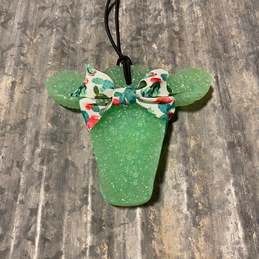 Cow Head Car Freshie | Mint With Cactus Ribbon | Volcano Scent