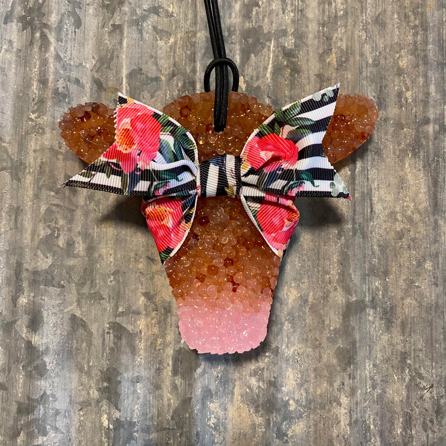 Cow Head Car Freshie | Light Brown With Pink Nose & Black Striped Ribbon | Lush Blush Scent
