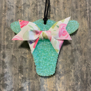 Cow Head Car Freshie | Mint Color With White Floral Ribbon | Tropical Cowboy Scent