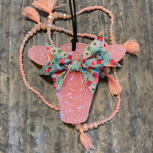 Cow Head Car Freshie | Peach Color With Teal Floral Ribbon Necklace Set | Buffalo Plaid Scent