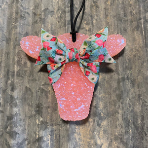 Cow Head Car Freshie | Peach Color With Teal Floral Ribbon | Buffalo Plaid Scent