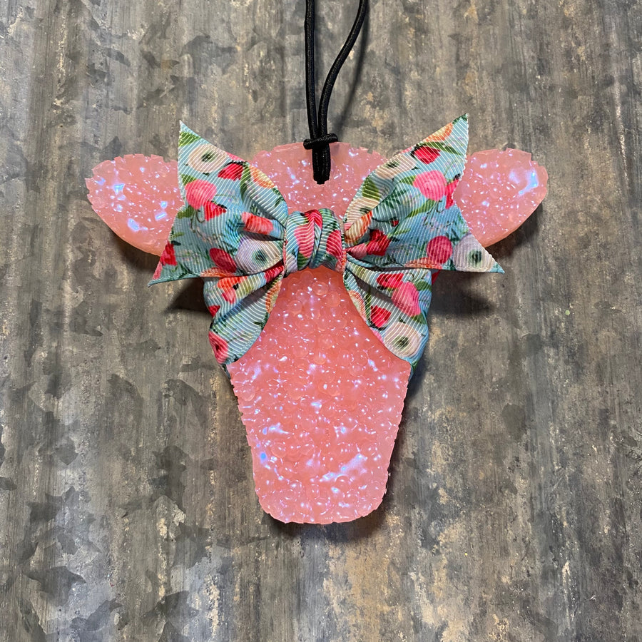 Cow Head Car Freshie | Peach Color With Teal Floral Ribbon | Buffalo Plaid Scent