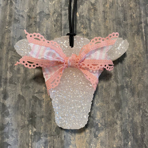 Cow Head Car Freshie | White Gold With Pink Striped Ribbon | Sugared Lemon Scent