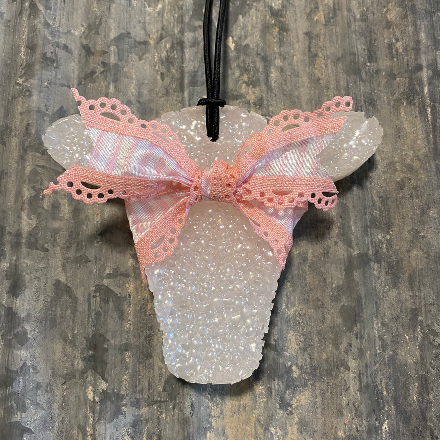 Cow Head Car Freshie | White Gold With Pink Striped Ribbon | Sugared Lemon Scent