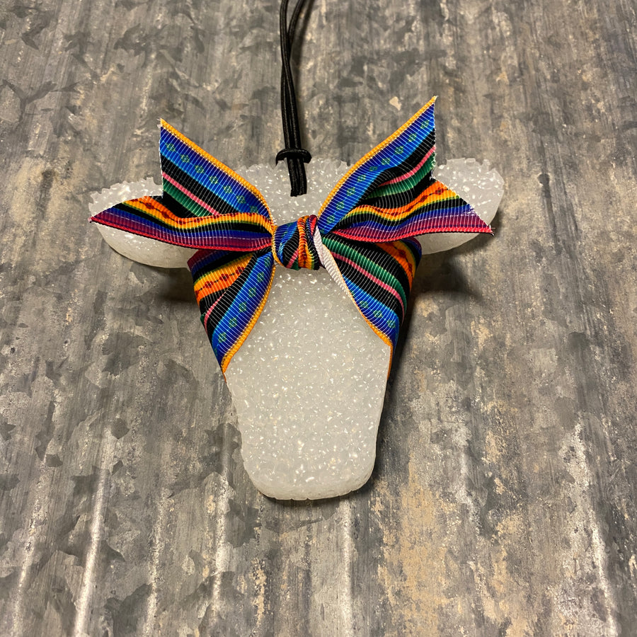 Cow Head Car Freshie | White Gold With Serape Bow | Coconut Lime Verbena Scent