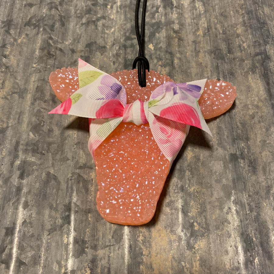 Cow Head Car Freshie | Peach With Floral Spring Ribbon | Buffalo Plaid Scent