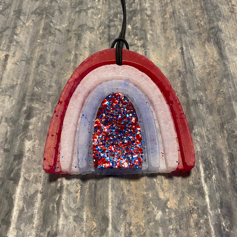 Rainbow Car Freshie | Red, White, & Blue With Glitter | Monkey Farts & Coconut Scent