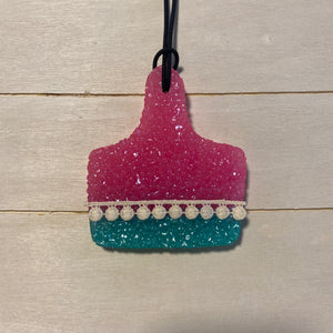 Cow Tag Car Freshie | Flirty Pink & Turquoise With Lace Ribbon | Clean Freak Scent