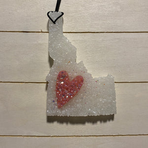Large Idaho Car Freshie | White With Pink Sparkle Heart | Black Raspberry Vanilla Scent