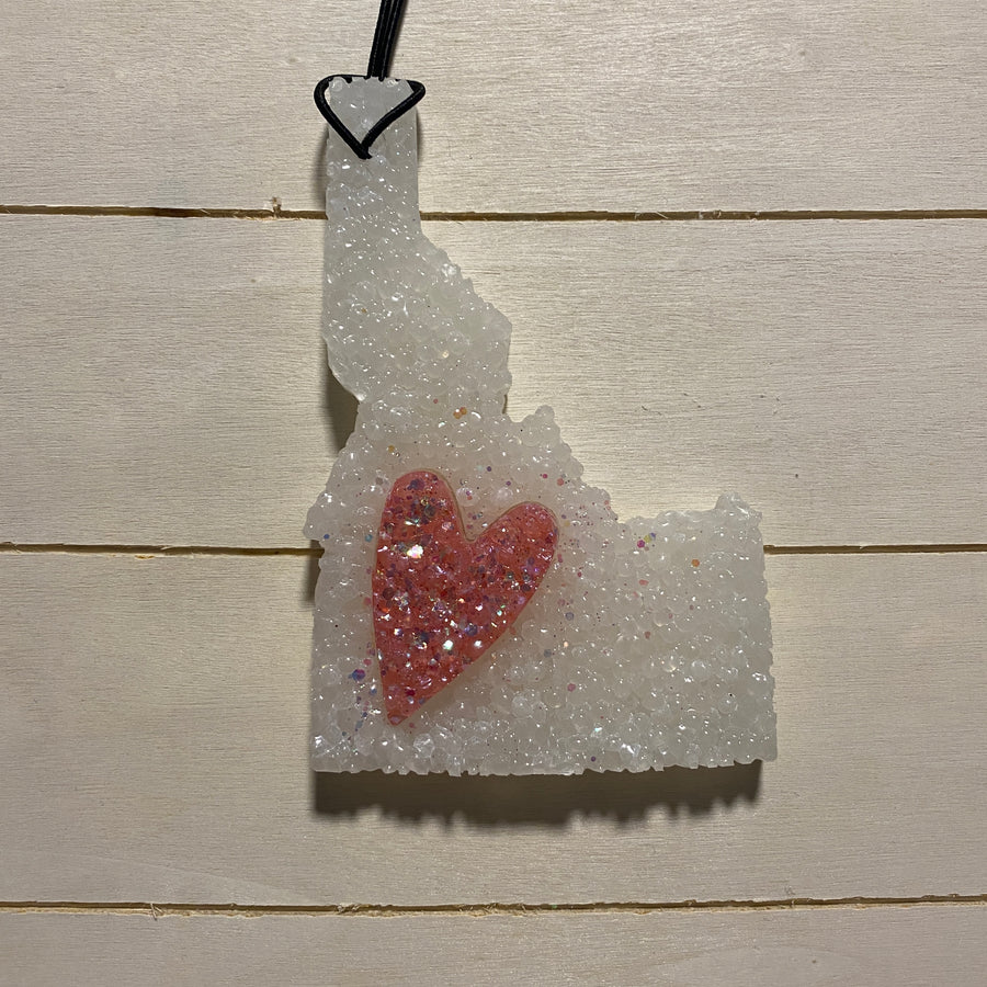 Large Idaho Car Freshie | White With Pink Sparkle Heart | Black Raspberry Vanilla Scent