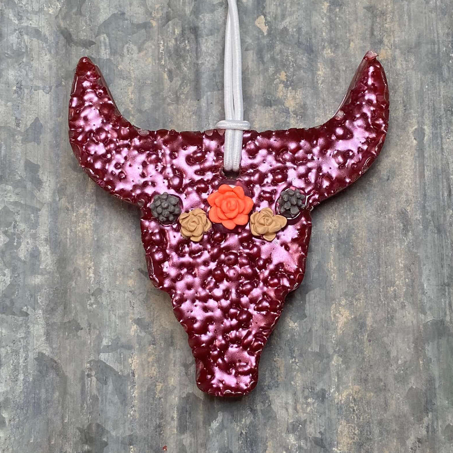 Cow Skull Car Freshie | Burgundy With Succulents | Volcano Scent