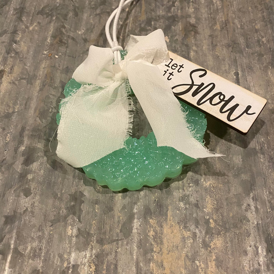 Christmas Wreath Car Freshie | Mint Wreath With White Bow & Christmas Message | Wassail Scent
