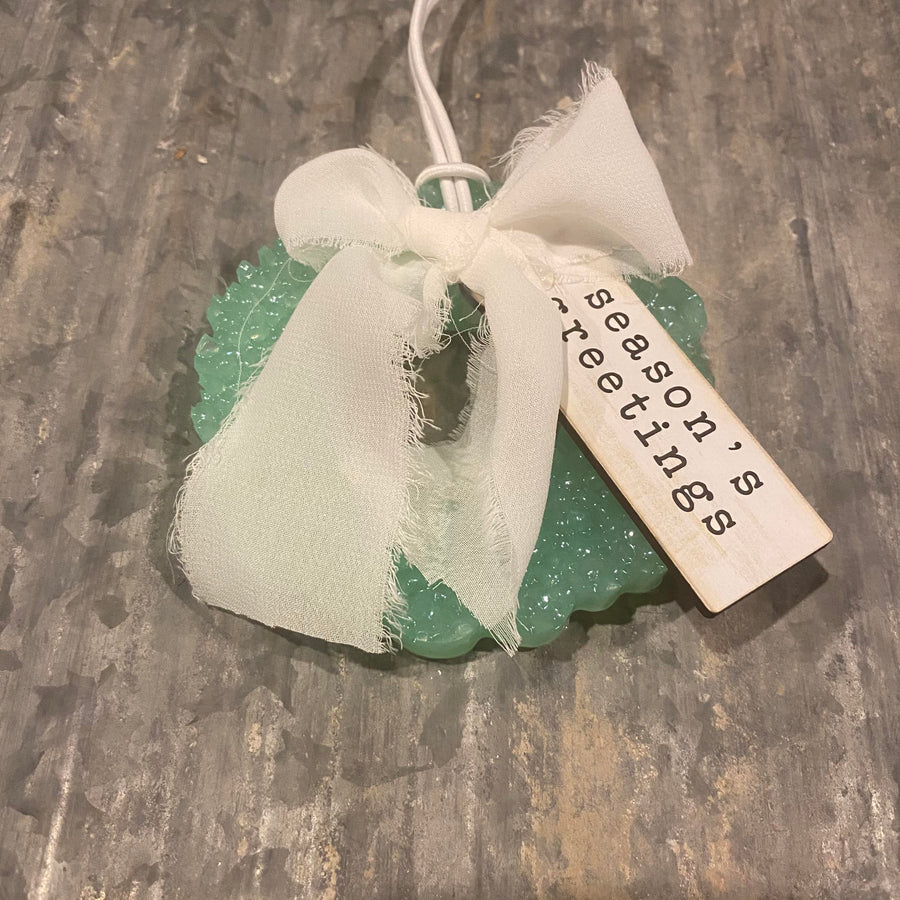 Christmas Wreath Car Freshie | Mint Wreath With White Bow & Christmas Message | Wassail Scent