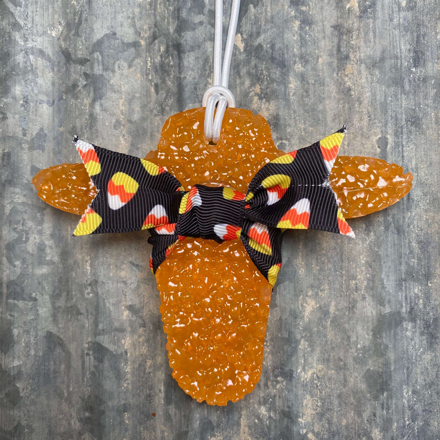 Cow Head Car Freshie | Orange With Candy Corn Ribbon | Vanilla Pumpkin Marshmallow Scent