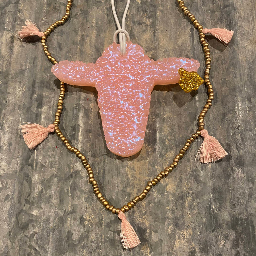 Cow Head Car Freshie | Peach With Gold Ear Tag & Tassel Necklace | Peachy O Scent