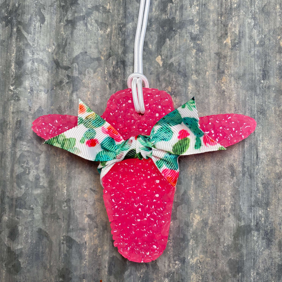 Cow Head Car Freshie | Hot Pink With Cactus Ribbon | Cactus Blossom Scent