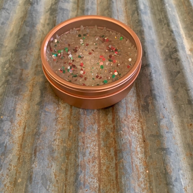 Car Candle Air Freshener | Rose Gold Tin & White Beads With Red & Green Glitter | Volcano Scent