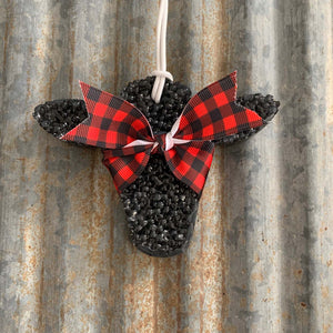 Cow Head Car Freshie | Black With Plaid Ribbon | Buffalo Plaid Scent